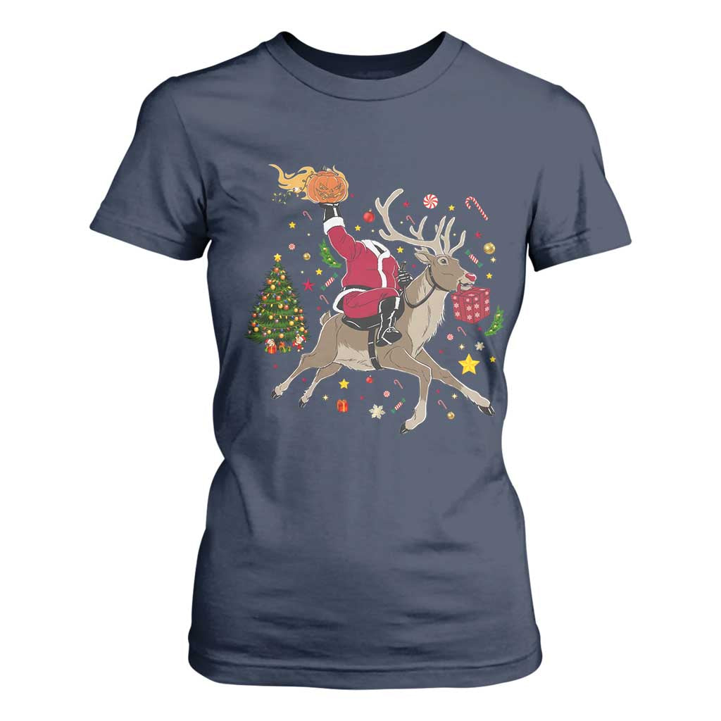 Funny Santa Headless Horseman T Shirt For Women Christmas Halloween Gift TS12 Navy Print Your Wear