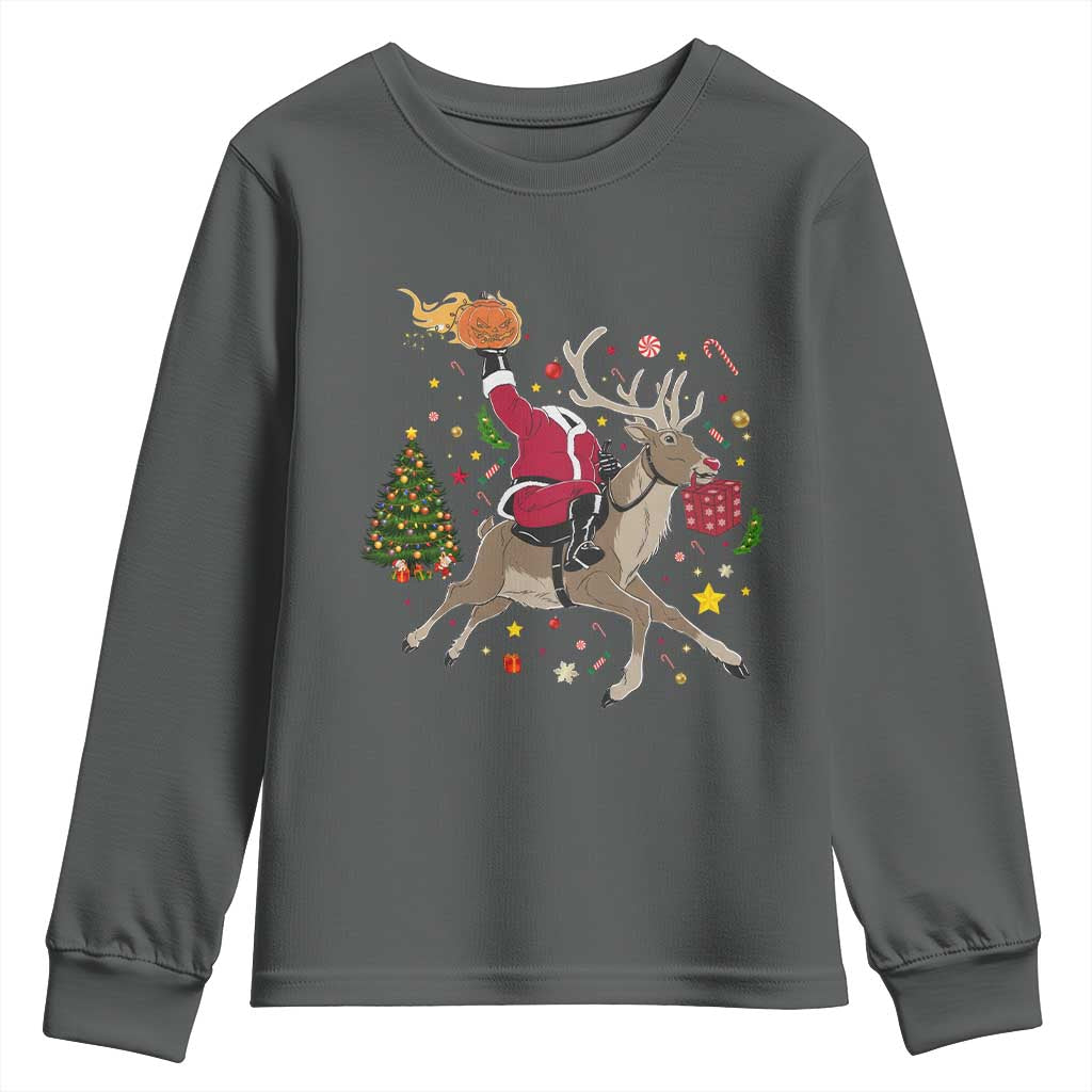 Funny Santa Headless Horseman Youth Sweatshirt Christmas Halloween Gift TS12 Dark Heather Print Your Wear