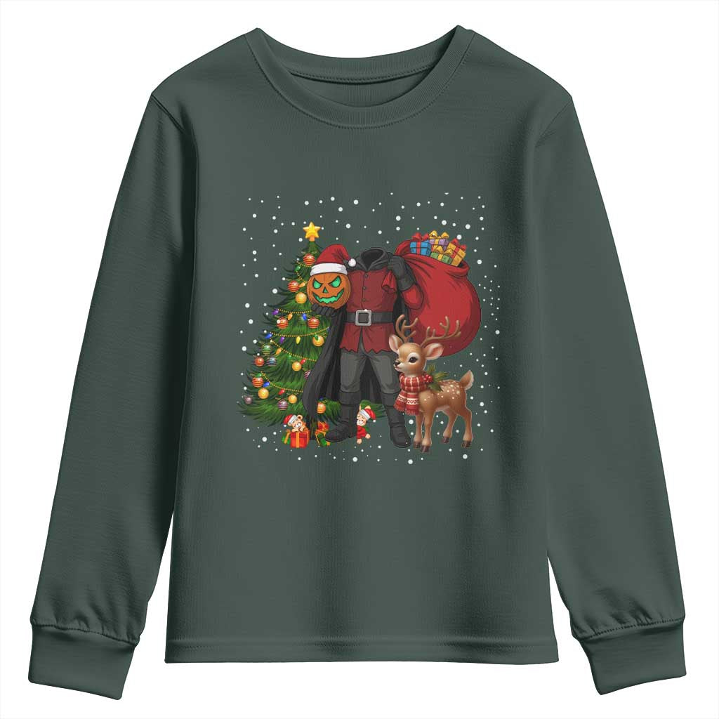 Headless Horseman Santa Youth Sweatshirt Funny Christmas Mashup Gift TS12 Dark Forest Green Print Your Wear