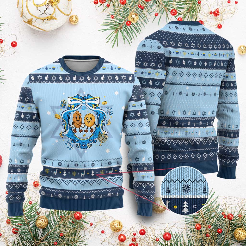 Funny Chanukkah Hanukkah Ugly Sweater Challah And Latke Cute Food Lover Gift TS12 Light Blue Navy Print Your Wear