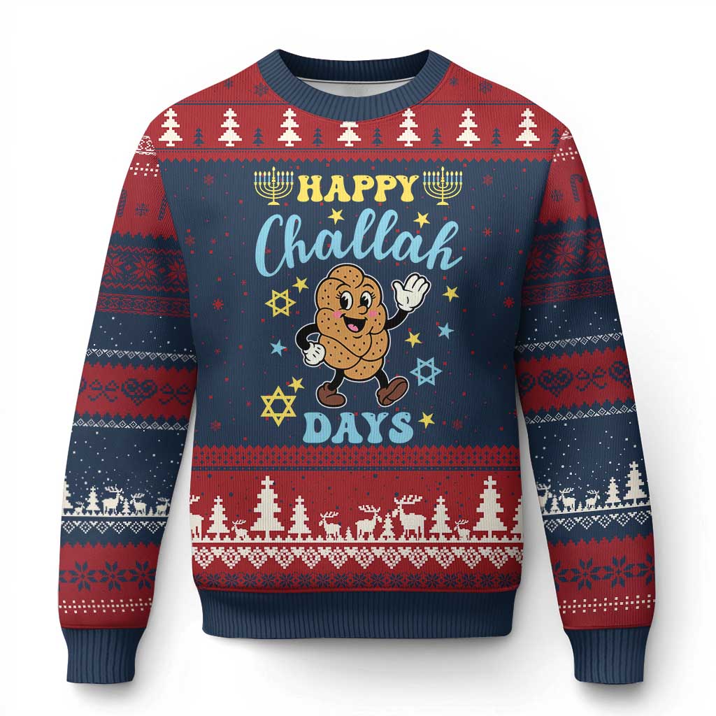 Funny Hanukkah Food Lover Gift Ugly Christmas Sweater Happy Challah Days TS12 Navy Red Print Your Wear