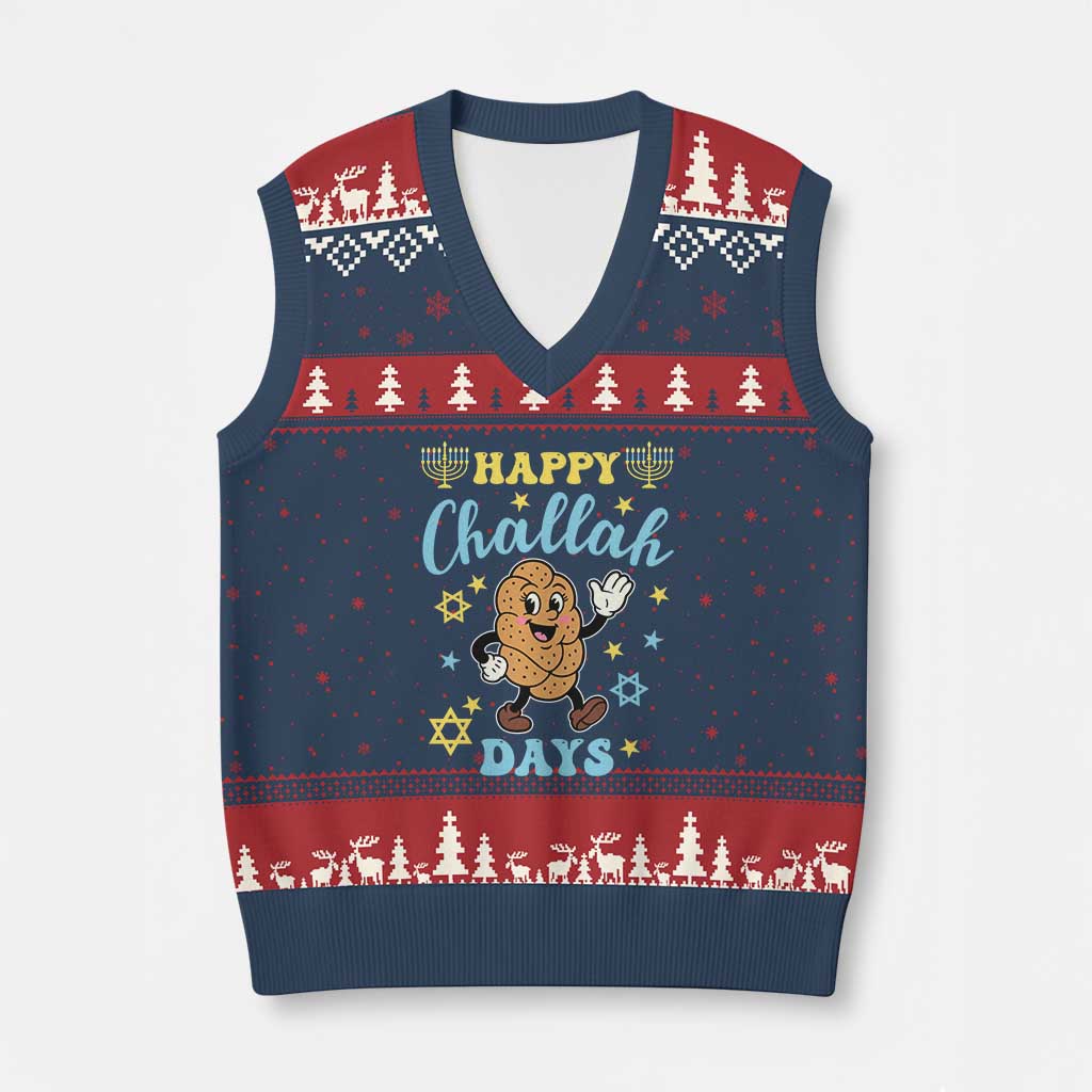 Funny Hanukkah Food Lover Gift V-Neck Knit Sweater Vest Happy Challah Days TS12 Navy Red Print Your Wear