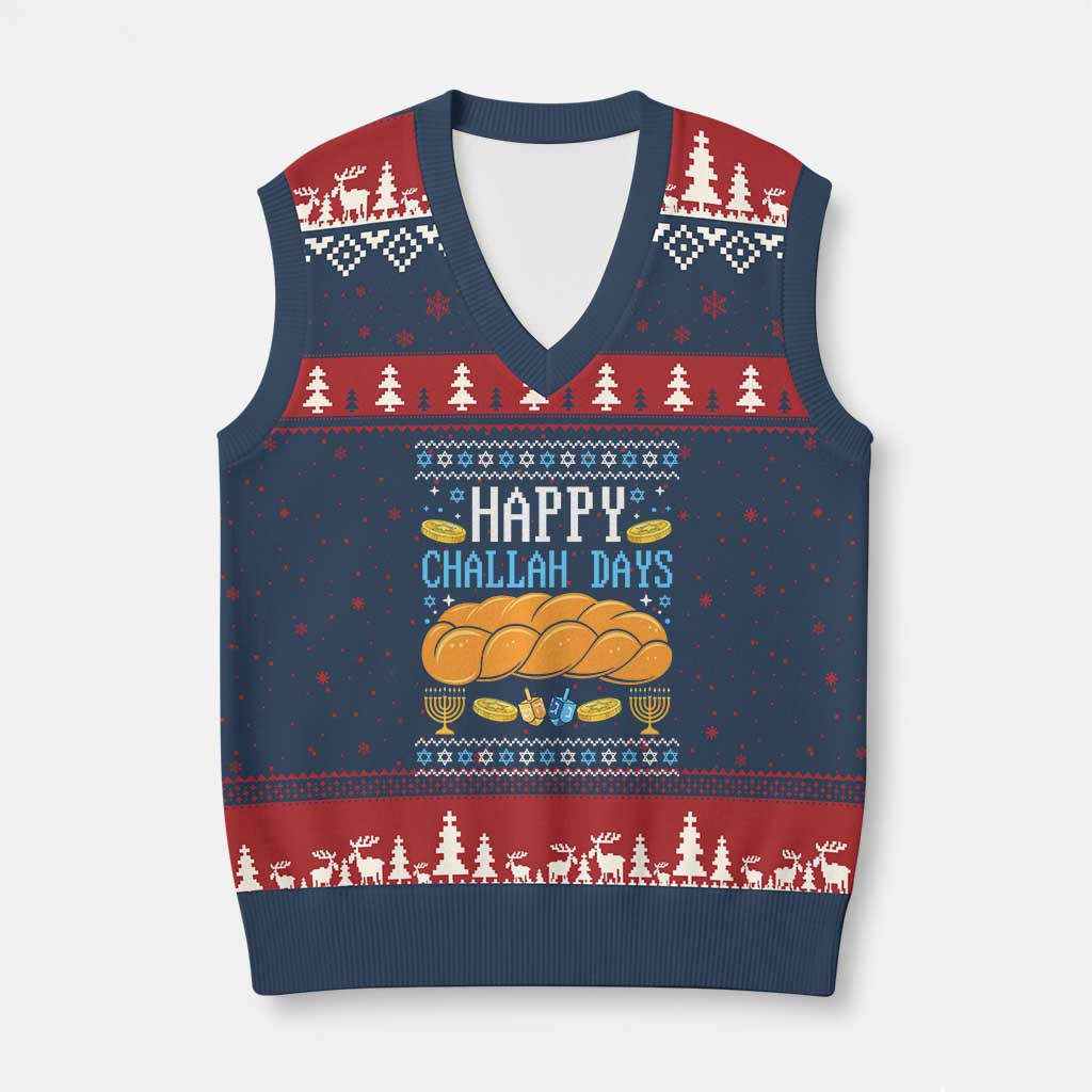 Happy Challah Days V-Neck Knit Sweater Vest Ugly Hanukkah Food Lover Gift TS12 Navy Red Print Your Wear