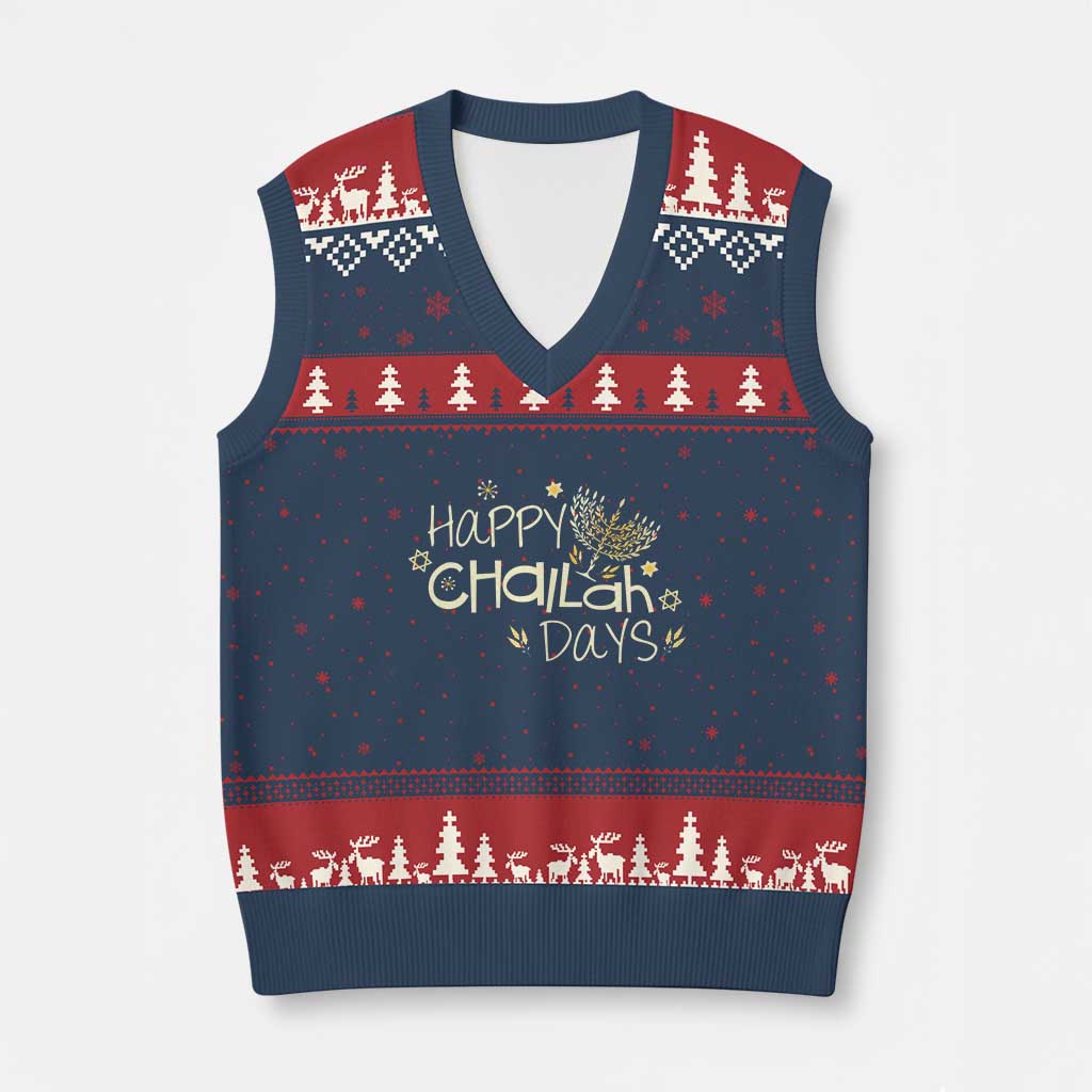Funny Hanukkah Festival Of Lights V-Neck Knit Sweater Vest Happy Challah Days TS12 Navy Red Print Your Wear