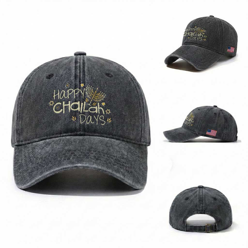 Funny Hanukkah Festival Of Lights Washed Cotton Baseball Cap Happy Challah Days TS12 Washed Cap Universal Fit Dark Gray Print Your Wear