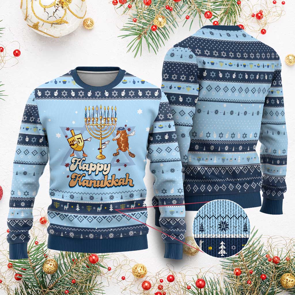 Funny Chanukkah Hanukkah Ugly Sweater Dab Dreidel Menorah Challah Gift TS12 Light Blue Navy Print Your Wear