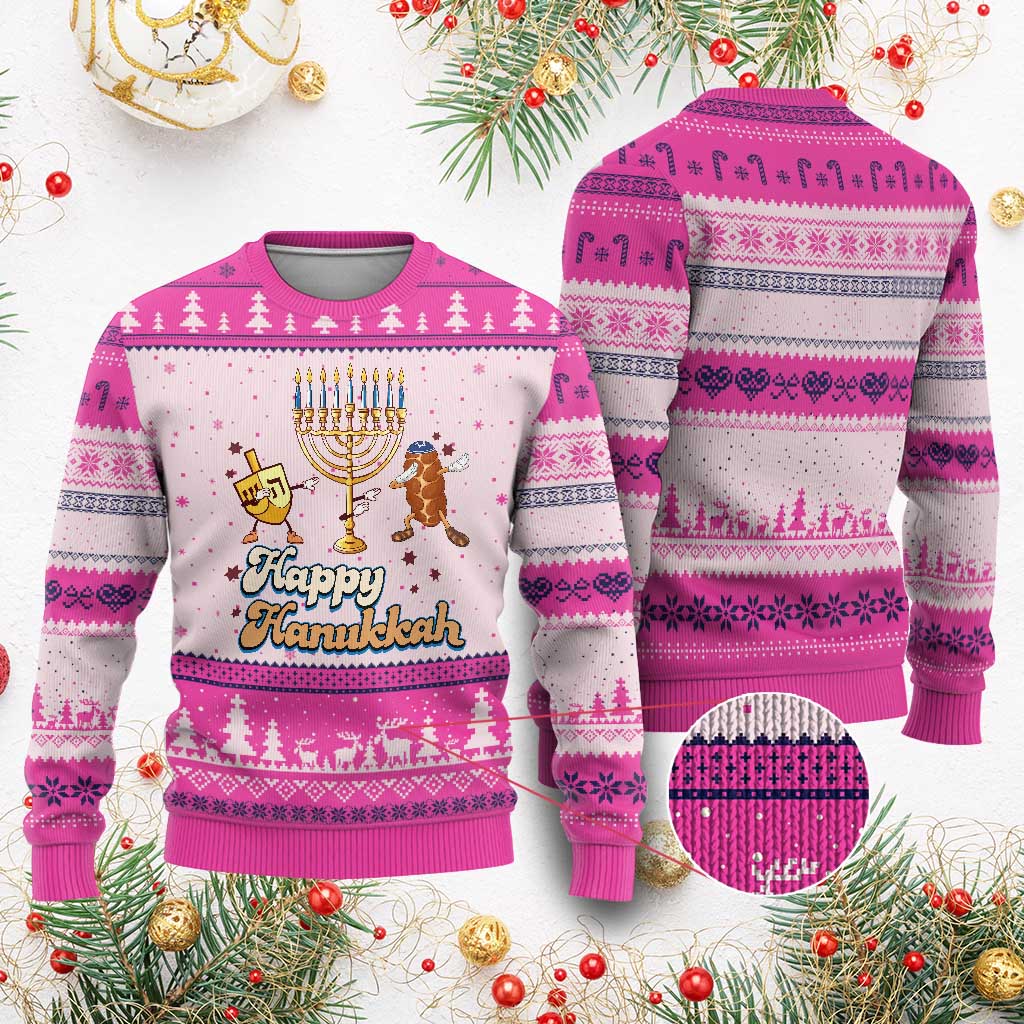 Funny Hanukkah Ugly Christmas Sweater Dab Dreidel Menorah Challah Gift TS12 Hot Pink Print Your Wear