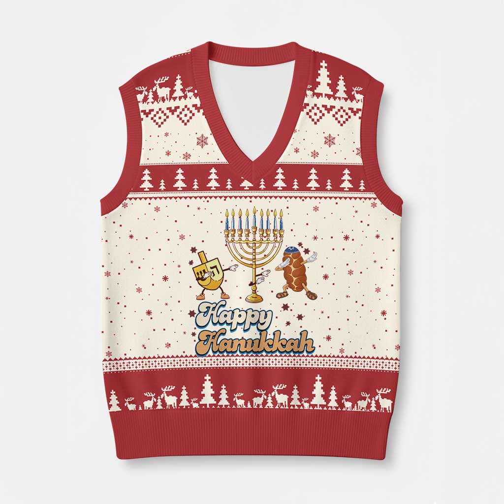 Funny Hanukkah V-Neck Knit Sweater Vest Dab Dreidel Menorah Challah Gift TS12 Beige Red Print Your Wear