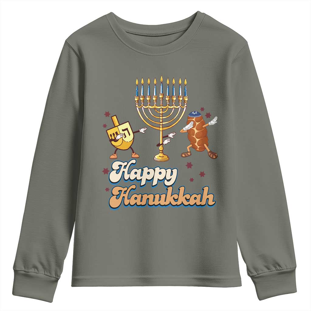 Funny Hanukkah Youth Sweatshirt Dab Dreidel Menorah Challah Gift TS12 Military Green Print Your Wear