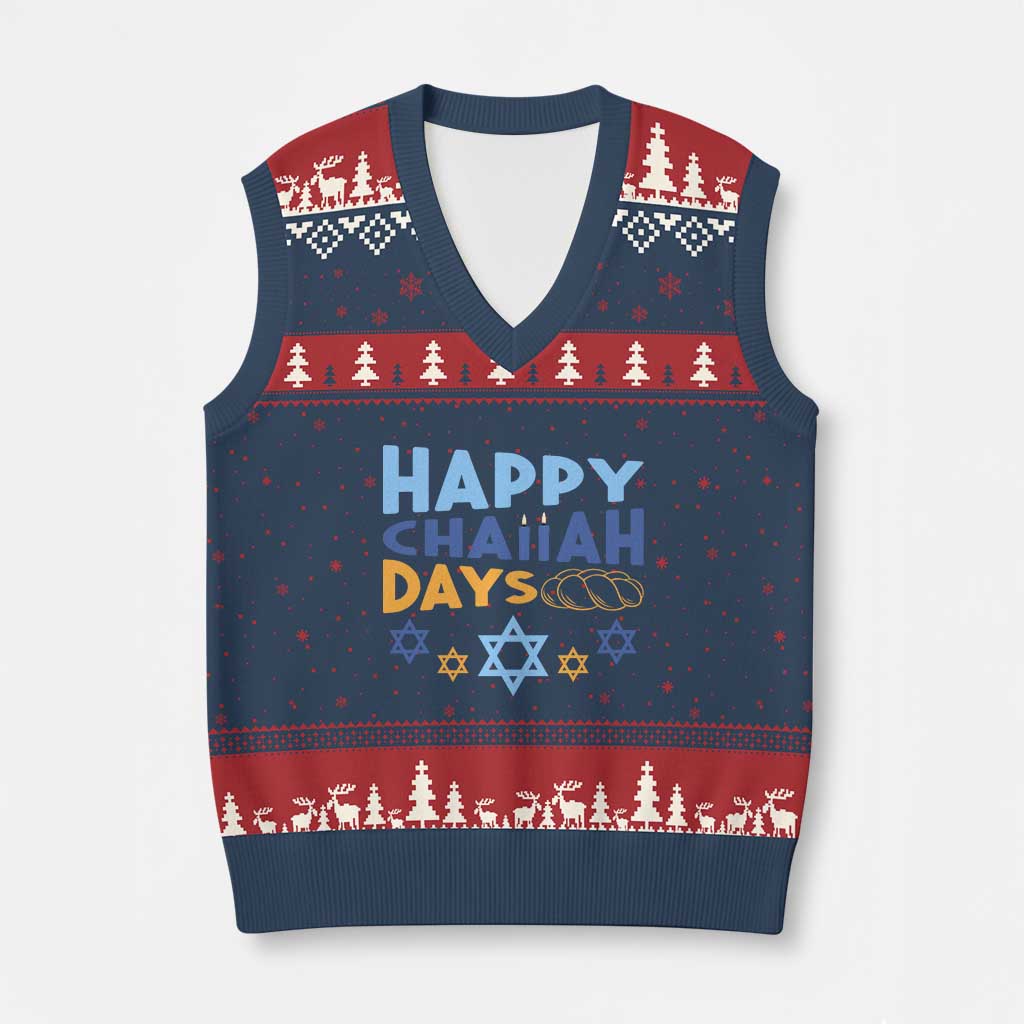Happy Challah Days V-Neck Knit Sweater Vest Hanukkah Holiday Gift TS12 Navy Red Print Your Wear