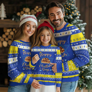 Funny Chanukkah Happy Challah Days Hanukkah Ugly Sweater Jewish Gift TS12 Royal Blue Gold Print Your Wear