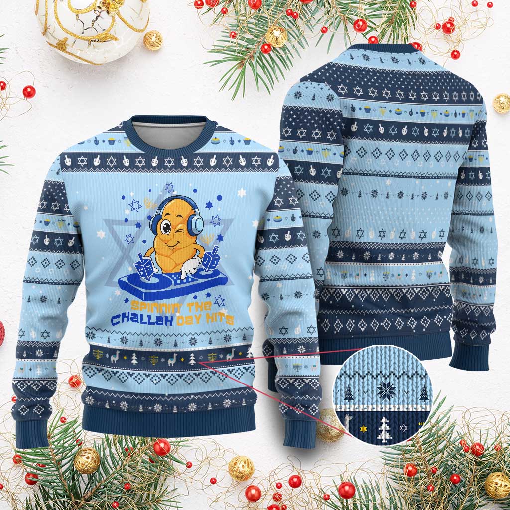 Chanukkah DJ Challah And Dreidel Hanukkah Ugly Sweater Funny Jewish Gift TS12 Light Blue Navy Print Your Wear