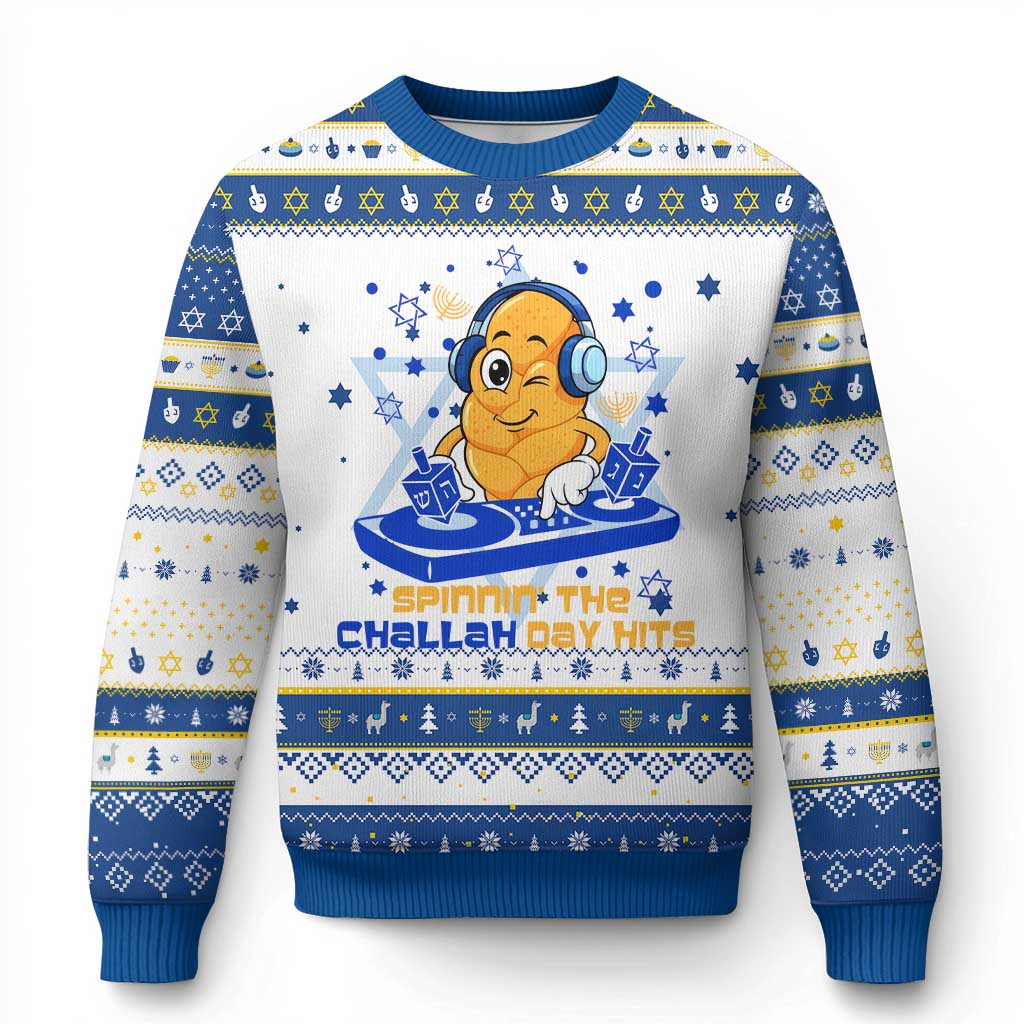 Chanukkah DJ Challah And Dreidel Hanukkah Ugly Sweater Funny Jewish Gift TS12 White Royal Blue Print Your Wear