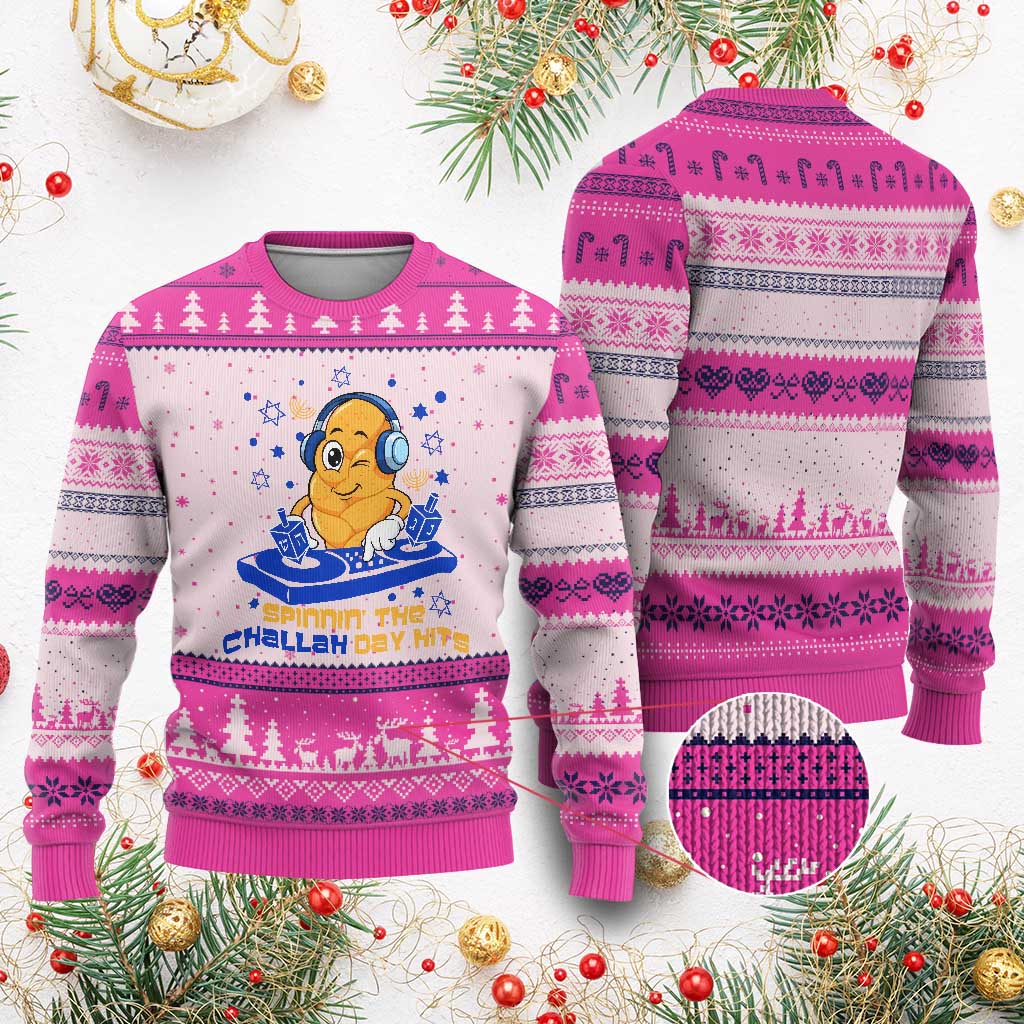 Hanukkah DJ Challah And Dreidel Ugly Christmas Sweater Funny Jewish Gift TS12 Hot Pink Print Your Wear