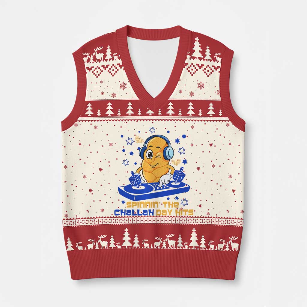 Hanukkah DJ Challah And Dreidel V-Neck Knit Sweater Vest Funny Jewish Gift TS12 Beige Red Print Your Wear