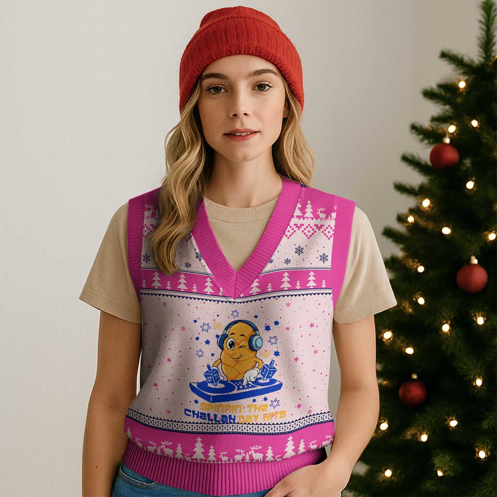 Hanukkah DJ Challah And Dreidel V-Neck Knit Sweater Vest Funny Jewish Gift TS12 Hot Pink Print Your Wear