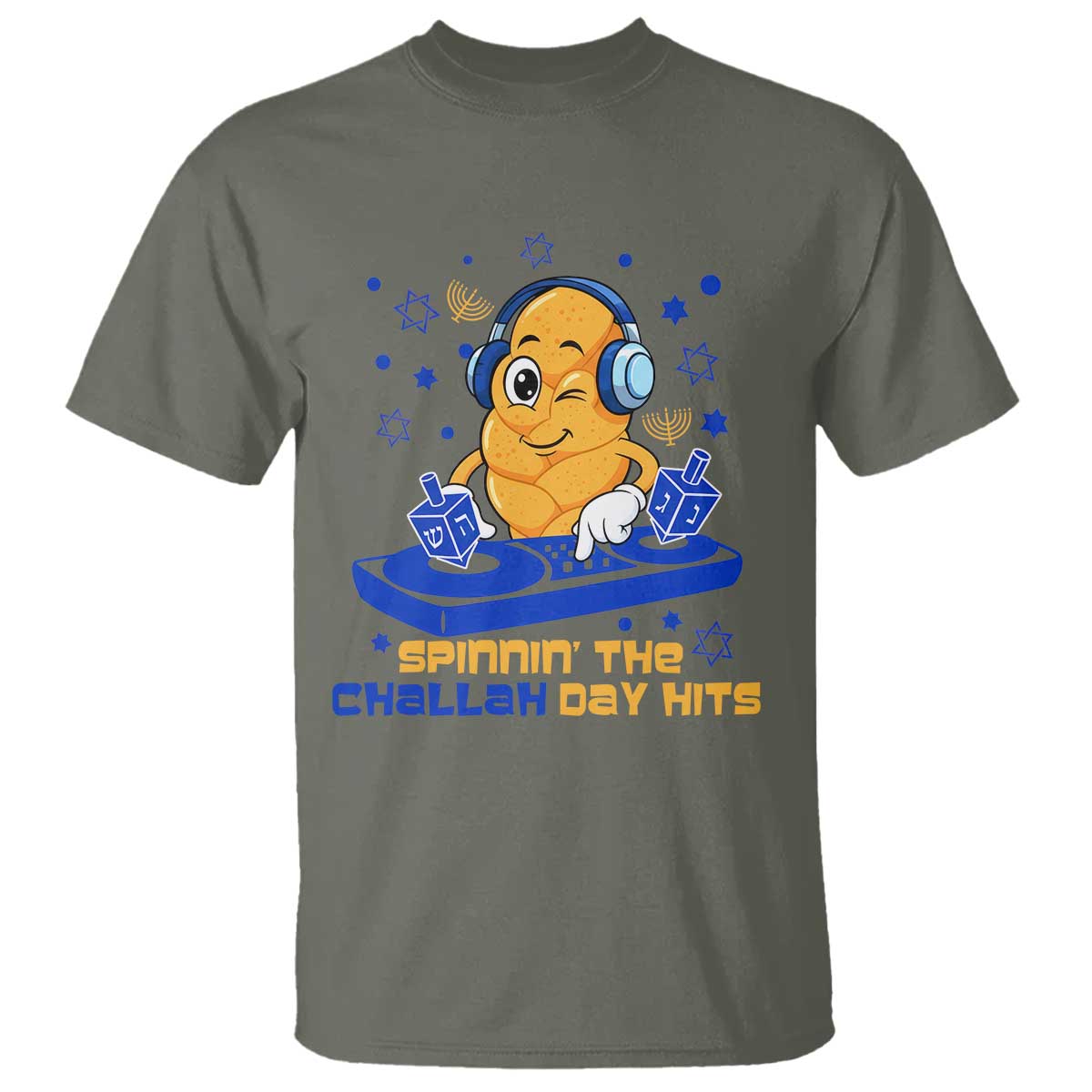 Hanukkah DJ Challah And Dreidel T Shirt Funny Jewish Gift TS12 Military Green Print Your Wear