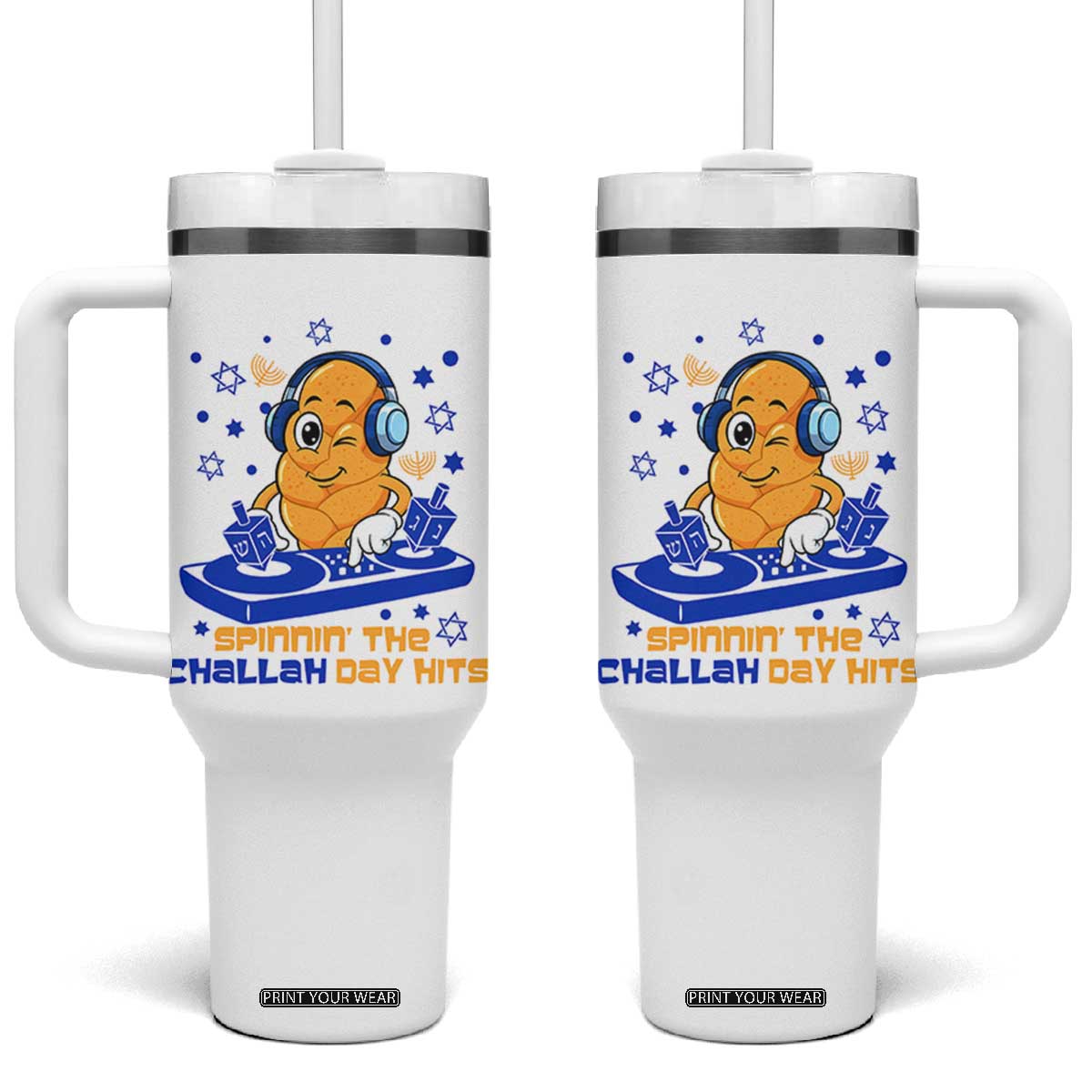 Hanukkah DJ Challah And Dreidel Tumbler With Handle Funny Jewish Gift TS12 One Size: 40 oz White Print Your Wear