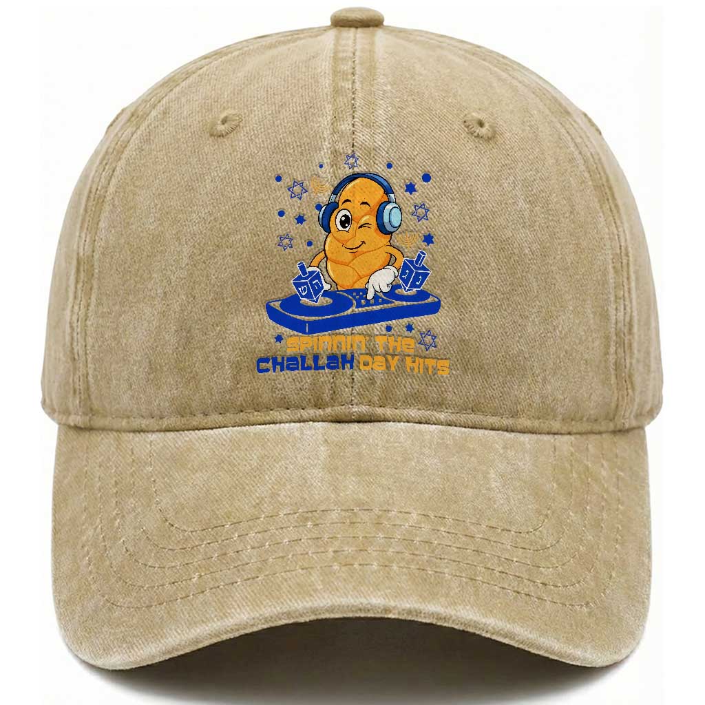 Hanukkah DJ Challah And Dreidel Washed Cotton Baseball Cap Funny Jewish Gift TS12 Print Your Wear