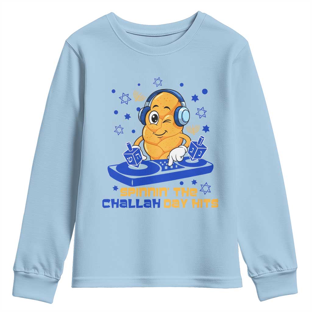 Hanukkah DJ Challah And Dreidel Youth Sweatshirt Funny Jewish Gift TS12 Light Blue Print Your Wear