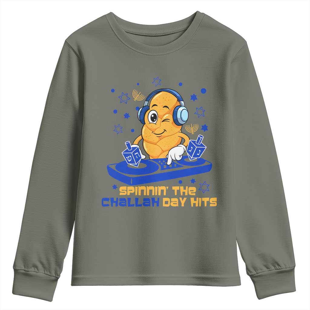 Hanukkah DJ Challah And Dreidel Youth Sweatshirt Funny Jewish Gift TS12 Military Green Print Your Wear