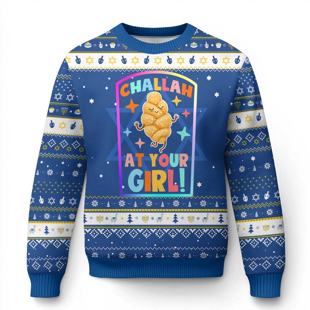 Funny Challah At Ya Girl Hanukkah Ugly Sweater Jewish Chanukah Bread Gift TS12 Blue White Print Your Wear