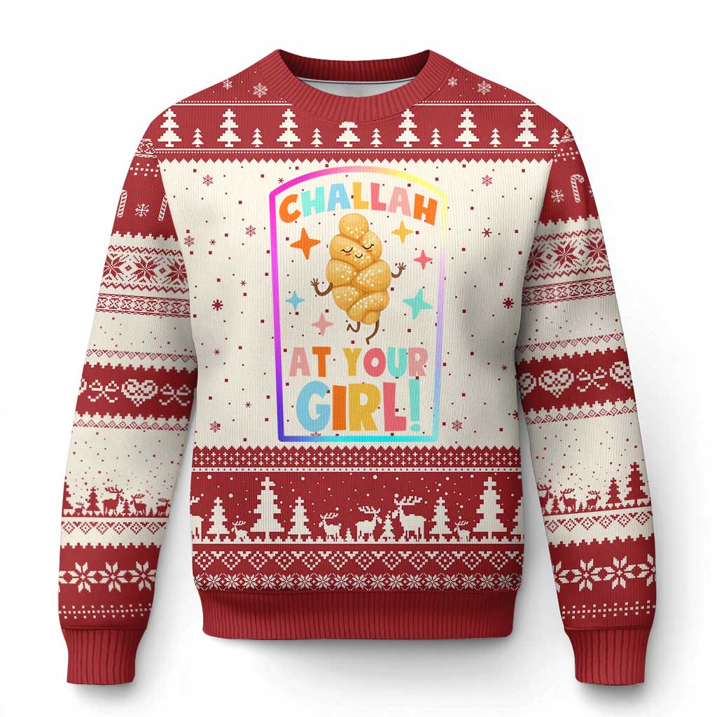 Funny Hanukkah Challah At Ya Girl Ugly Christmas Sweater Jewish Chanukah Bread Gift TS12 Beige Red Print Your Wear