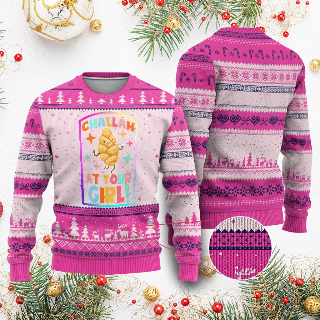 Funny Hanukkah Challah At Ya Girl Ugly Christmas Sweater Jewish Chanukah Bread Gift TS12 Hot Pink Print Your Wear