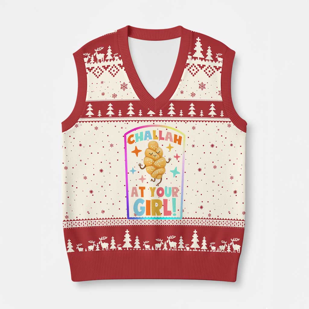 Funny Hanukkah Challah At Ya Girl V-Neck Knit Sweater Vest Jewish Chanukah Bread Gift TS12 Beige Red Print Your Wear