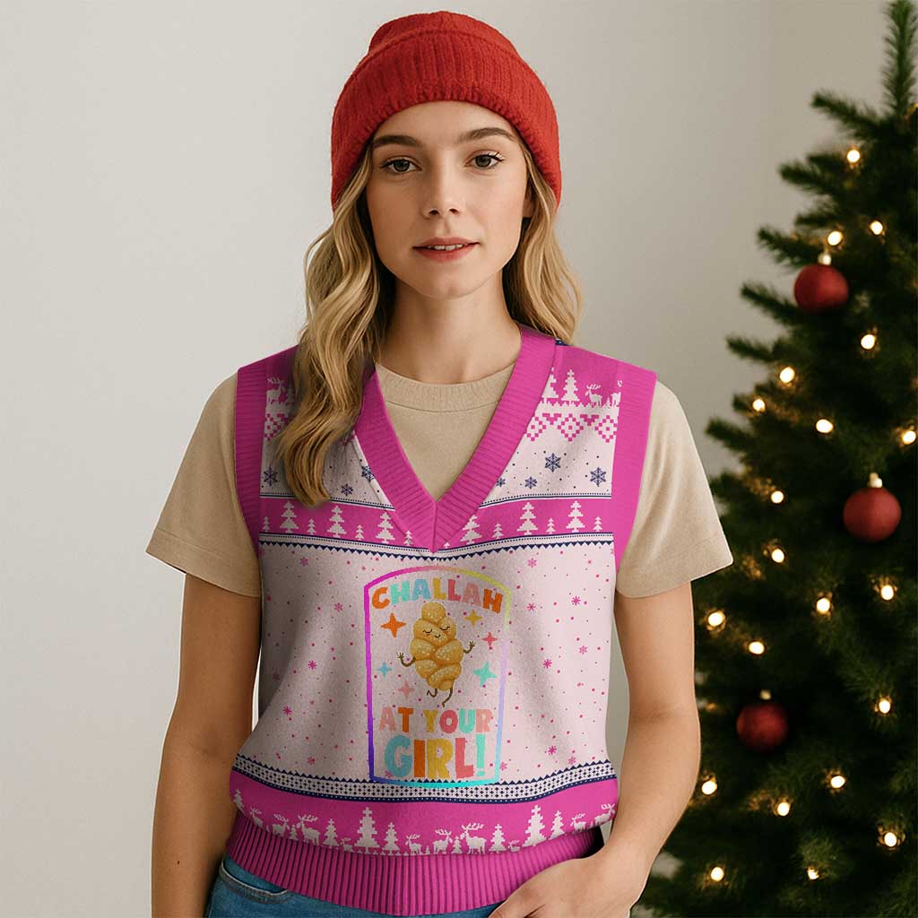 Funny Hanukkah Challah At Ya Girl V-Neck Knit Sweater Vest Jewish Chanukah Bread Gift TS12 Hot Pink Print Your Wear