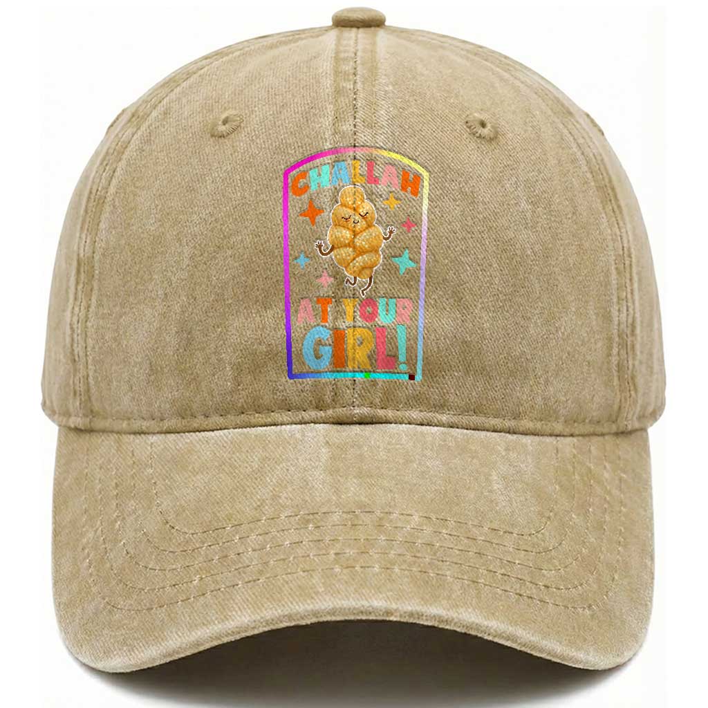 Funny Hanukkah Challah At Ya Girl Washed Cotton Baseball Cap Jewish Chanukah Bread Gift TS12 Print Your Wear