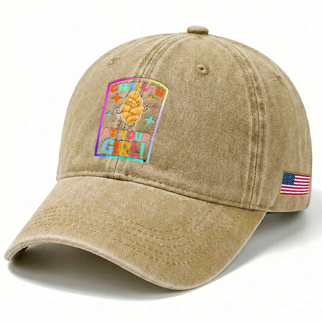 Funny Hanukkah Challah At Ya Girl Washed Cotton Baseball Cap Jewish Chanukah Bread Gift TS12 Print Your Wear