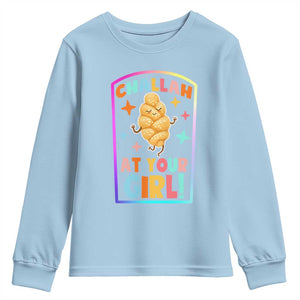 Funny Hanukkah Challah At Ya Girl Youth Sweatshirt Jewish Chanukah Bread Gift TS12 Light Blue Print Your Wear