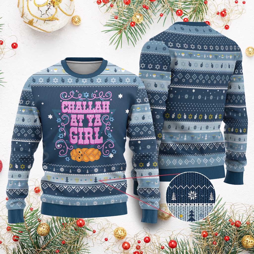 Funny Jewish Holiday Hanukkah Ugly Sweater Challah At Ya Girl Gift TS12 Navy Light Blue Print Your Wear