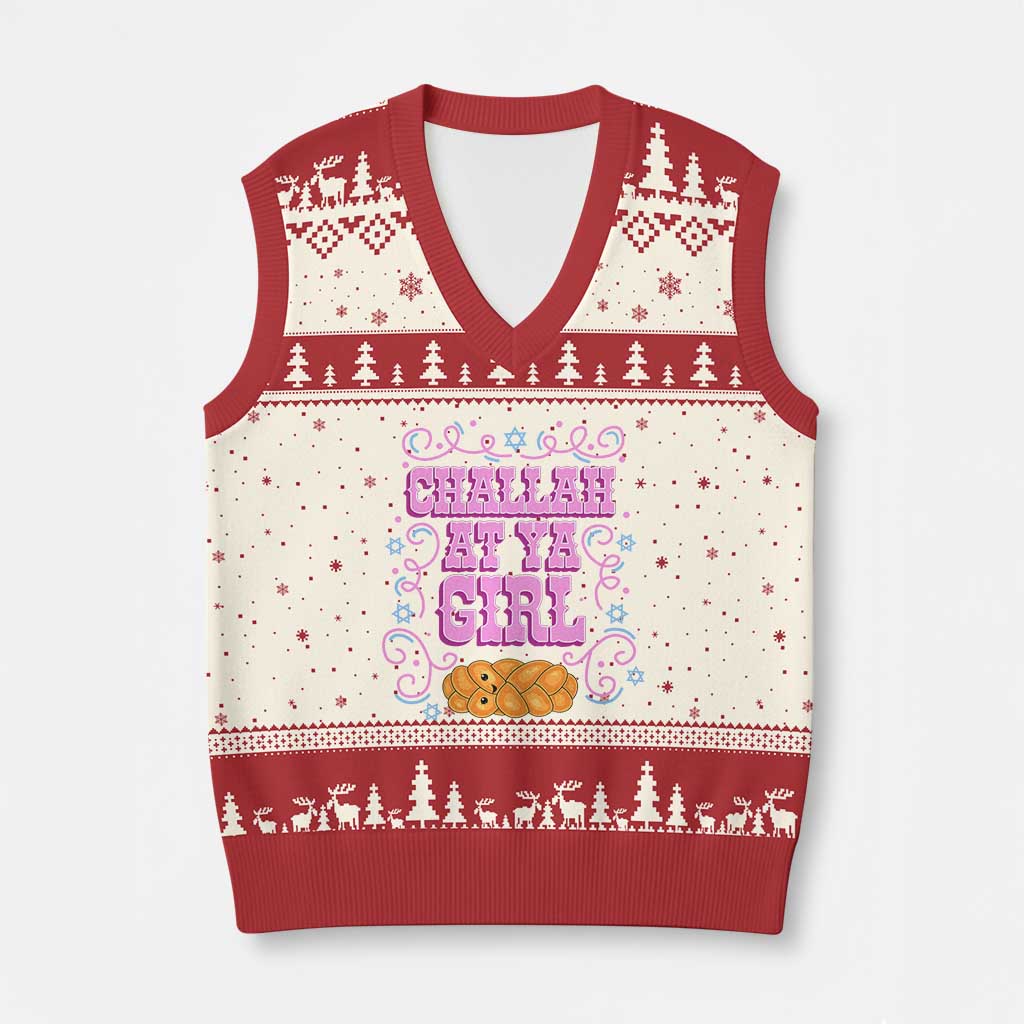 Funny Jewish Holiday V-Neck Knit Sweater Vest Challah At Ya Girl Gift TS12 Beige Red Print Your Wear