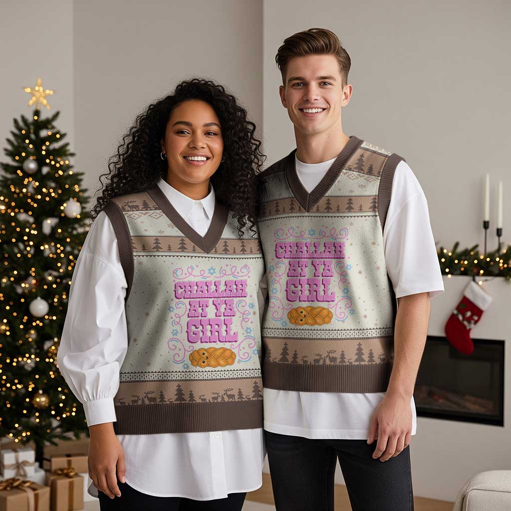 Funny Jewish Holiday V-Neck Knit Sweater Vest Challah At Ya Girl Gift TS12 Mocha Mousse Print Your Wear
