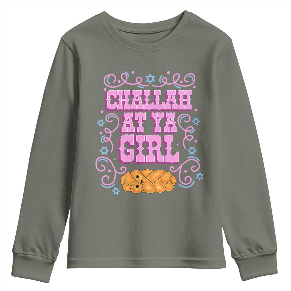 Funny Jewish Holiday Youth Sweatshirt Challah At Ya Girl Gift TS12 Military Green Print Your Wear