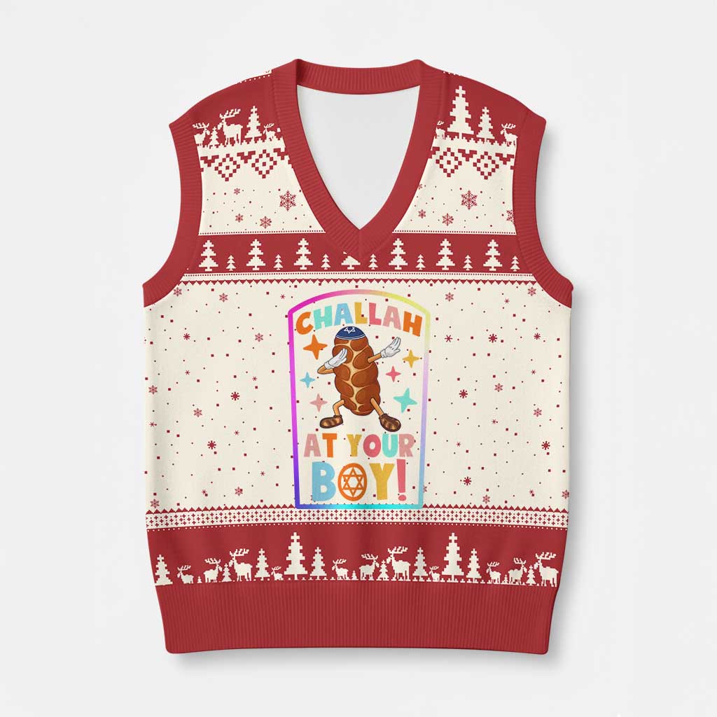Hanukkah Challah At Ya Boy V-Neck Knit Sweater Vest Funny Holiday Gift TS12 Beige Red Print Your Wear