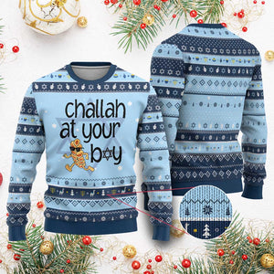 Festival Of Lights Gift Hanukkah Ugly Sweater Challah At Ya Boy TS12 Light Blue Navy Print Your Wear