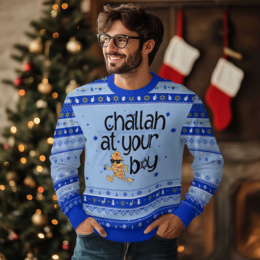 Festival Of Lights Gift Hanukkah Ugly Sweater Challah At Ya Boy TS12 Light Blue Royal Blue Print Your Wear