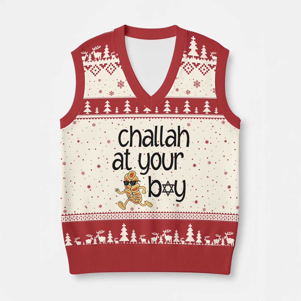 Festival Of Lights Gift V-Neck Knit Sweater Vest Hanukkah Challah At Ya Boy TS12 Beige Red Print Your Wear