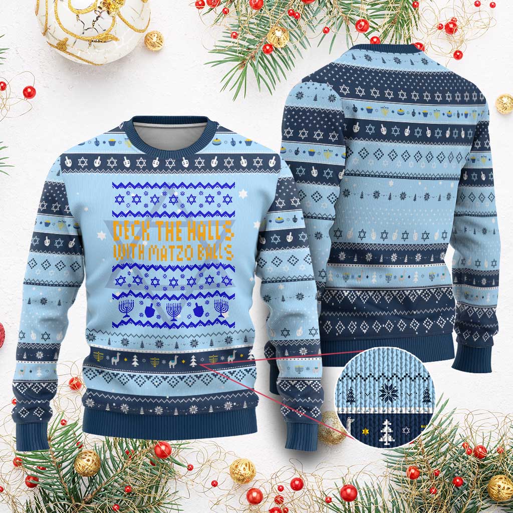 Funny Deck The Halls With Matzo Balls Jewish Gift Hanukkah Ugly Sweater TS12 Light Blue Navy Print Your Wear