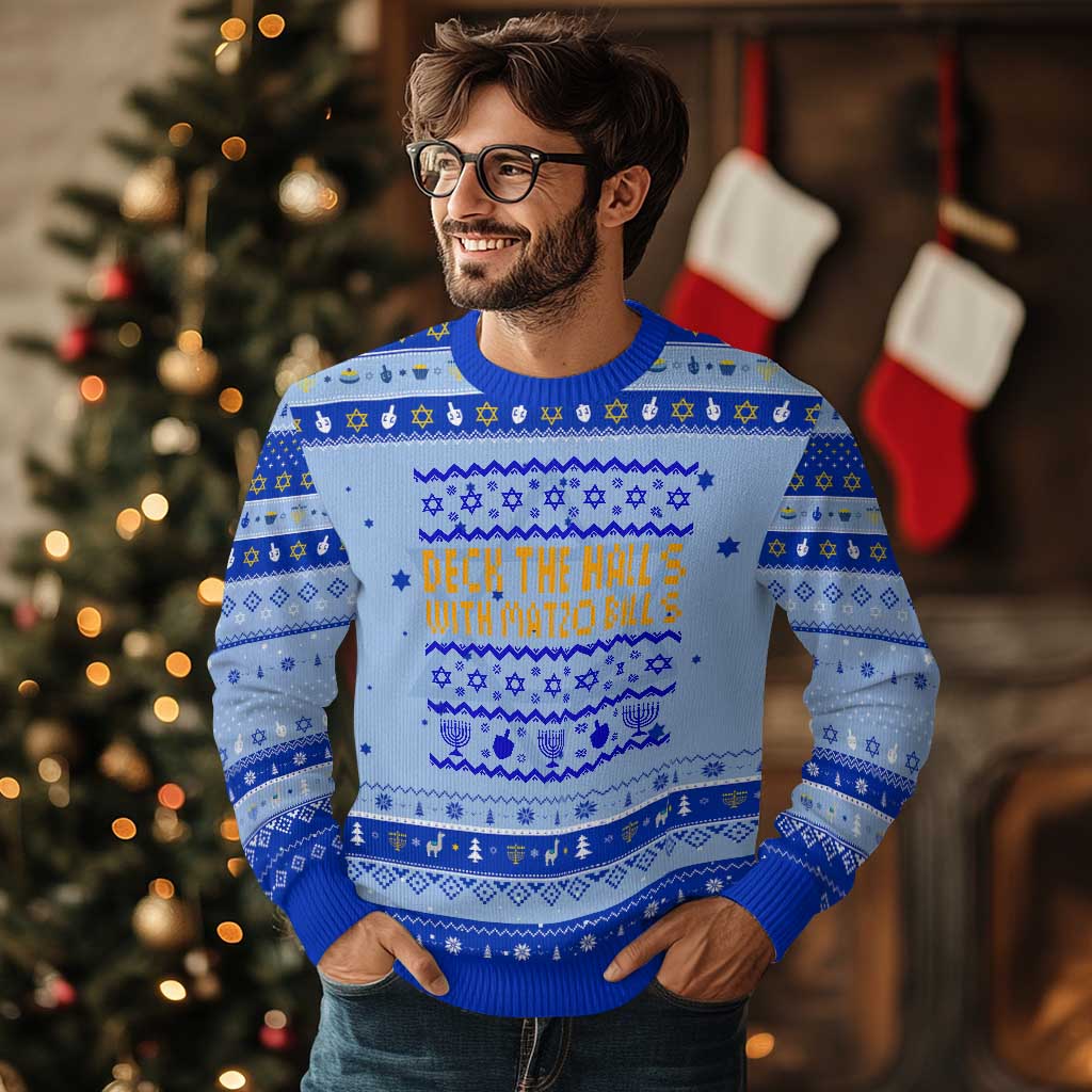 Funny Deck The Halls With Matzo Balls Jewish Gift Hanukkah Ugly Sweater TS12 Light Blue Royal Blue Print Your Wear