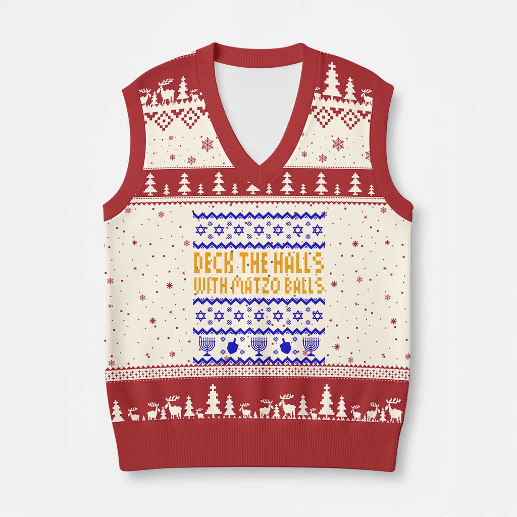 Funny Ugly Hanukkah V-Neck Knit Sweater Vest Deck The Halls With Matzo Balls Jewish Gift TS12 Beige Red Print Your Wear