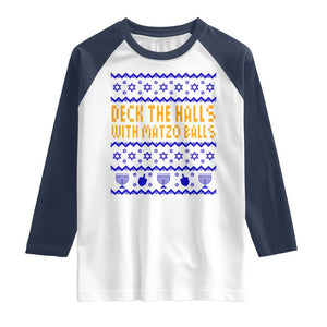 Funny Ugly Hanukkah Raglan Shirt Deck The Halls With Matzo Balls Jewish Gift TS12 White Navy Print Your Wear