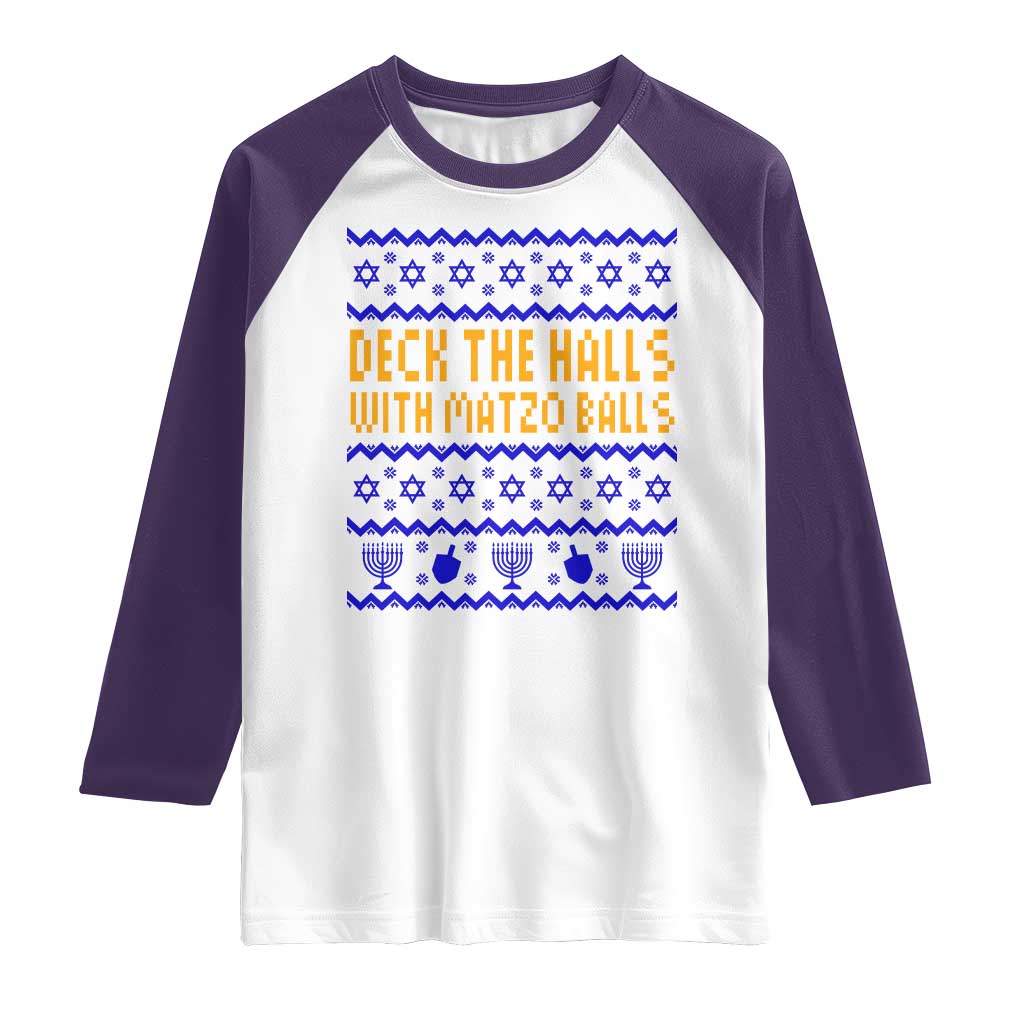 Funny Ugly Hanukkah Raglan Shirt Deck The Halls With Matzo Balls Jewish Gift TS12 White Purple Print Your Wear