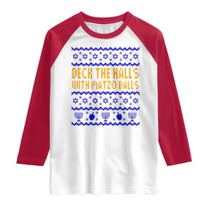 Funny Ugly Hanukkah Raglan Shirt Deck The Halls With Matzo Balls Jewish Gift TS12 White Red Print Your Wear