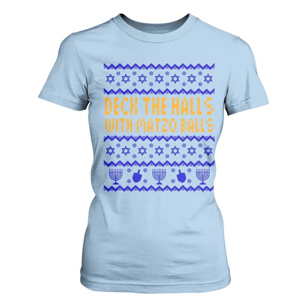 Funny Ugly Hanukkah T Shirt For Women Deck The Halls With Matzo Balls Jewish Gift TS12 Light Blue Print Your Wear
