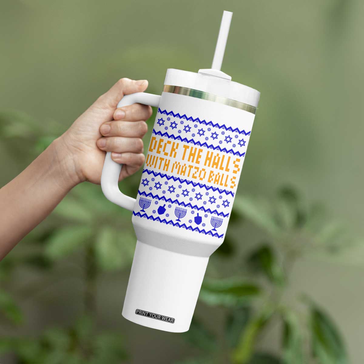 Funny Ugly Hanukkah Tumbler With Handle Deck The Halls With Matzo Balls Jewish Gift TS12 Print Your Wear