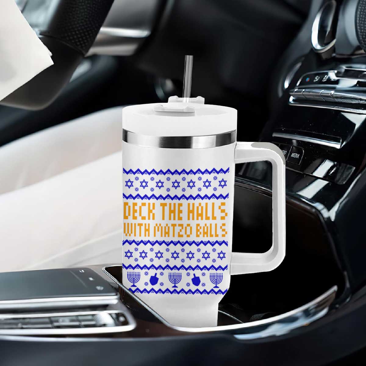 Funny Ugly Hanukkah Tumbler With Handle Deck The Halls With Matzo Balls Jewish Gift TS12 Print Your Wear